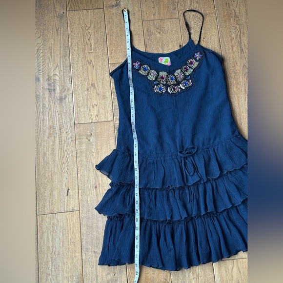 Free People 100% Silk Navy Blue Tiered Ruffle Spaghetti Strap Dress size XS - Picture 10 of 10